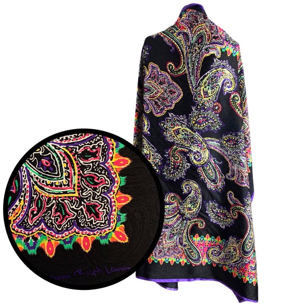 Vintage Ralph Lauren Black Paisley Jacquard Silk Scarf Shawl Wrap Signed 43”